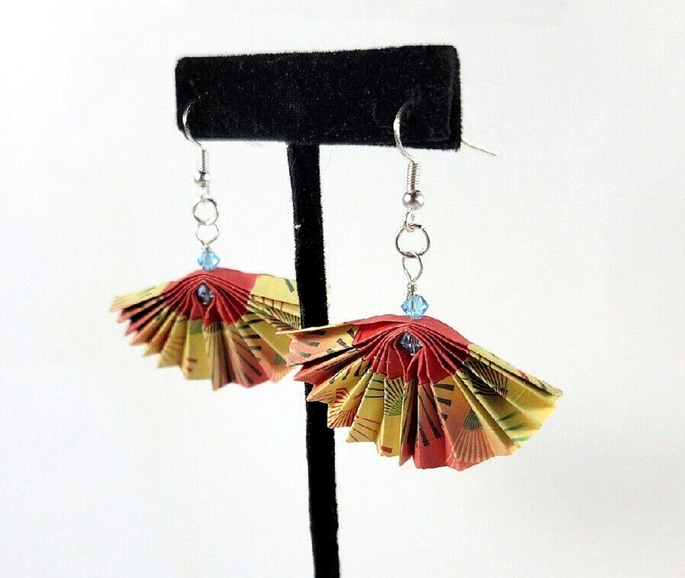 Origami Paper Fan Earrings Yellow and Coral with Blue Swarovski Bead